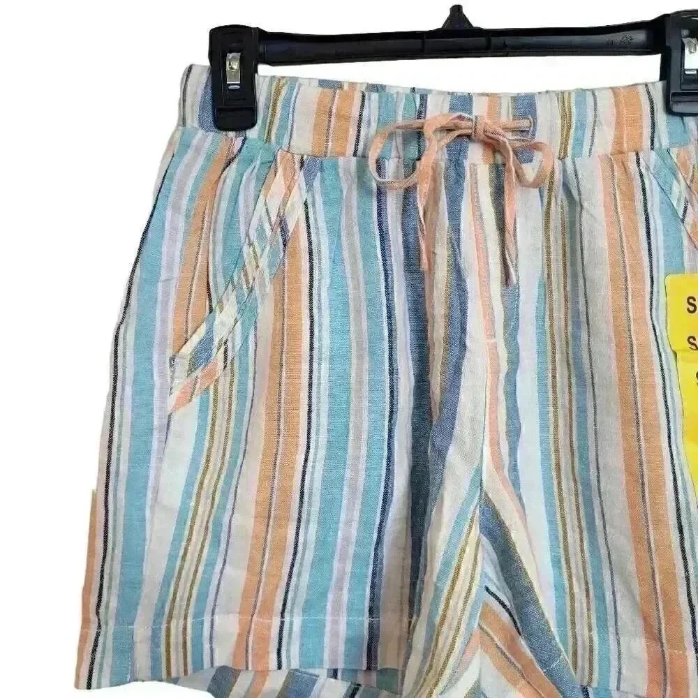 Briggs Women's White/Aqua/Orange Linen/Rayon Drawstring Cuffed Shorts w Pockets